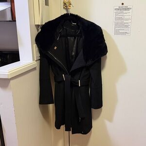 Calvin Klein Black Faux Fur Collar Belted Trench Coat
